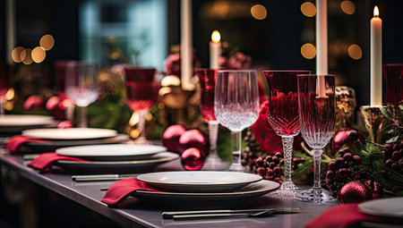 an elegant christmas table dressed with holiday ornamentの素材