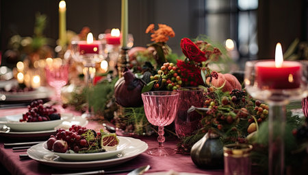 an elegant christmas table dressed with holiday ornamentの素材