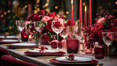 an elegant christmas table dressed with holiday ornamentの素材