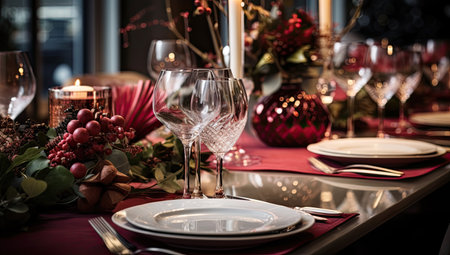 an elegant christmas table dressed with holiday ornamentの素材