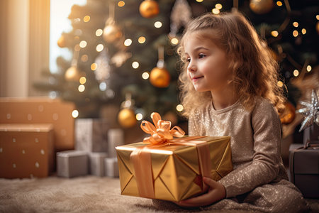 girl with present at the christmas treeの素材