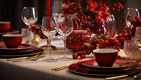an elegant christmas table dressed with holiday ornamentの素材