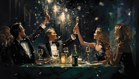 people toasting champagne with sparklers and lightsの素材