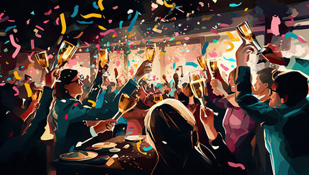 people toasting champagne with sparklers and lightsの素材