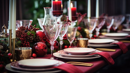 an elegant christmas table dressed with holiday ornamentの素材