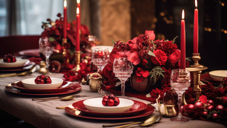 an elegant christmas table dressed with holiday ornamentの素材