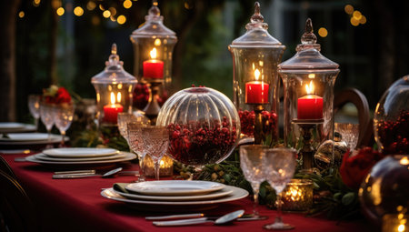 an elegant christmas table dressed with holiday ornamentの素材