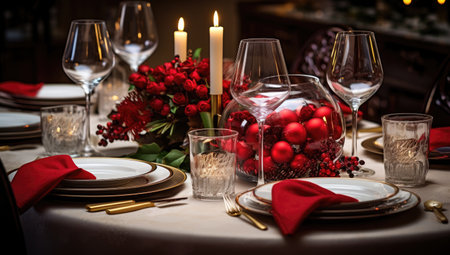 an elegant christmas table dressed with holiday ornamentの素材