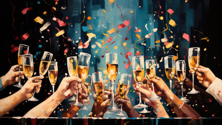 people toasting champagne with sparklers and lightsの素材