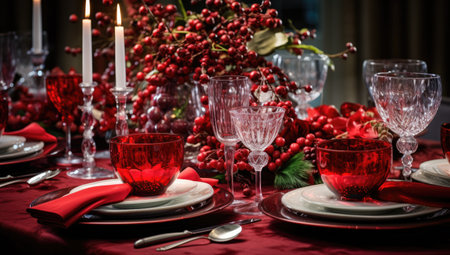 an elegant christmas table dressed with holiday ornamentの素材