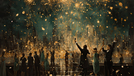people toasting champagne with sparklers and lightsの素材