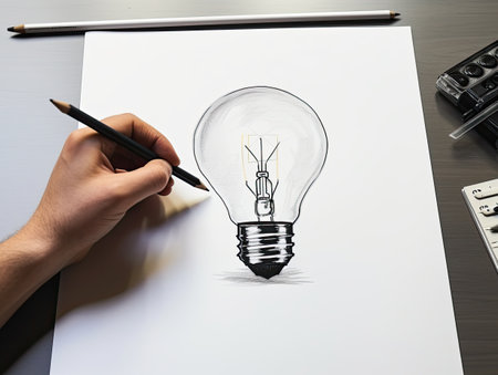 hand drawing a light bulb on a piece of paperの素材