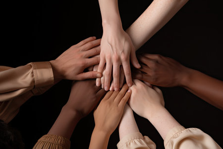 multiple hands with their hands together in a circleの素材