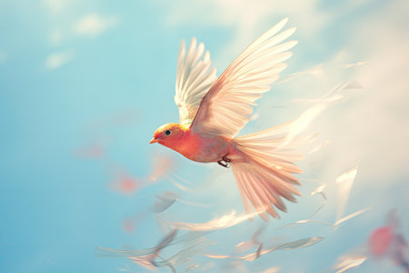 a red pink and yellow birdf lying in the skyの素材