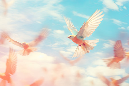a red pink and yellow birdf lying in the skyの素材