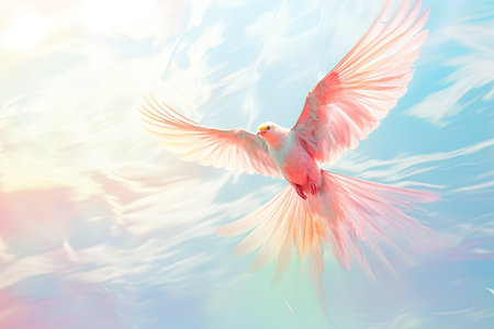 a red pink and yellow birdf lying in the skyの素材