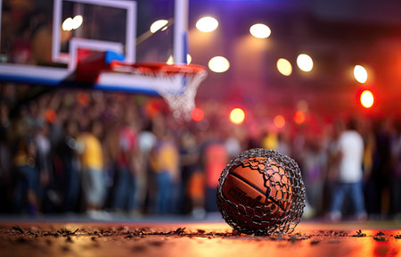 a basketball dunks through the hoopの素材