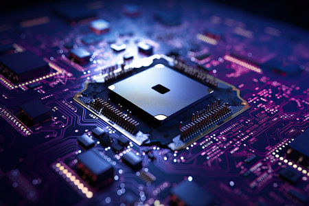 blue electronic circuit board with small dots and chipsの素材