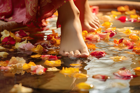 foot massage in spa with flowerの素材