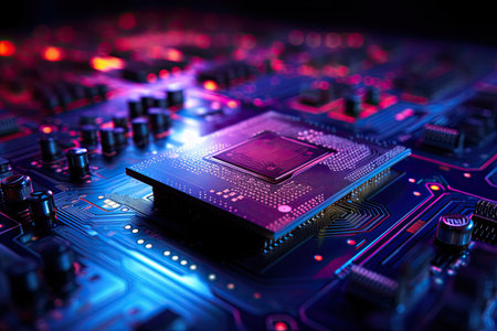 blue electronic circuit board with small dots and chipsの素材