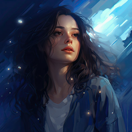 girl with a bright star on the backgroundの素材