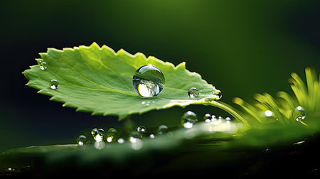 water droplet on green leaf with dark backgroundの素材