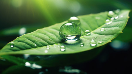 water droplet on green leaf with dark backgroundの素材