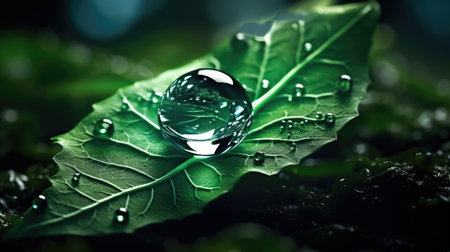 water droplet on green leaf with dark backgroundの素材