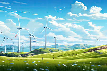 a hillside with white wind turbinesの素材