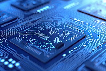 blue electronic circuit board with small dots and chipsの素材