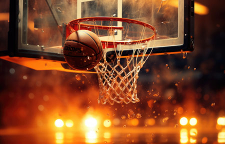 a basketball dunks through the hoopの素材