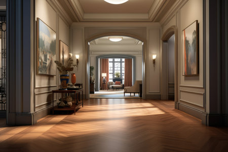 entrance area of traditional style home with angled stairsの素材