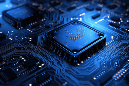 blue electronic circuit board with small dots and chipsの素材
