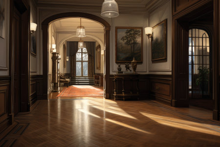 entrance area of traditional style home with angled stairsの素材
