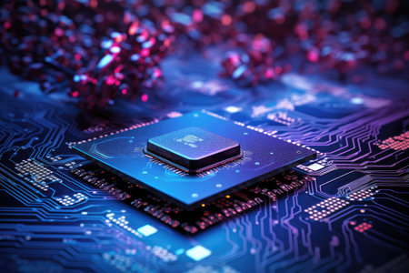 blue electronic circuit board with small dots and chipsの素材