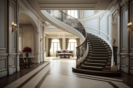 entrance area of traditional style home with angled stairsの素材