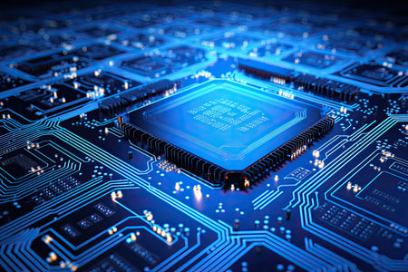 blue electronic circuit board with small dots and chipsの素材
