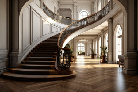 entrance area of traditional style home with angled stairsの素材