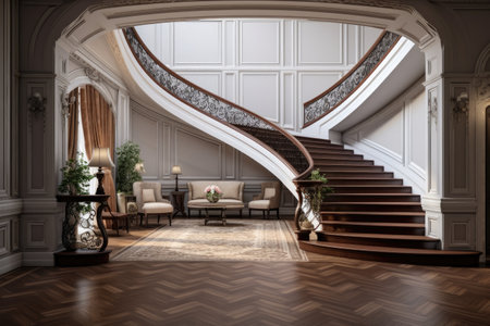 entrance area of traditional style home with angled stairsの素材
