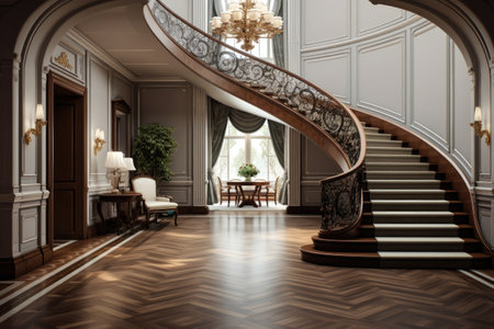 entrance area of traditional style home with angled stairsの素材