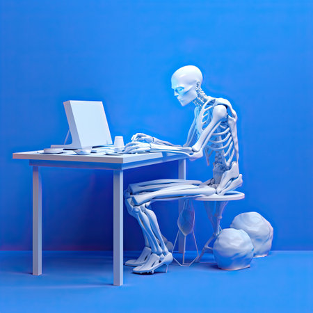 3d cartoon of a man sitting at a desk using a laptopの素材