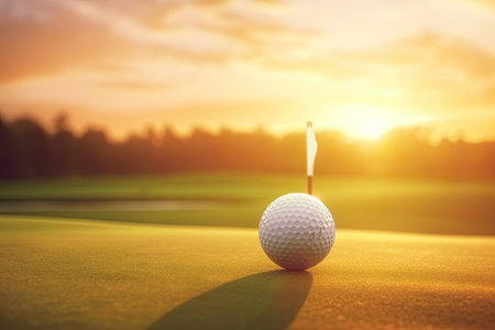 a ball is hitting the hole at sunset in golfの素材