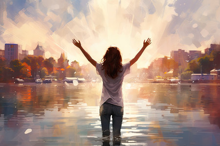 a woman with arms raised to sunの素材
