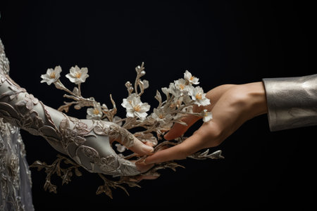 a bride and grooms hands reaching toward each otherの素材