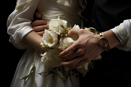 a bride and grooms hands reaching toward each otherの素材