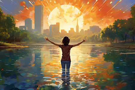 a woman with arms raised to sunの素材