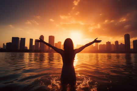 a woman with arms raised to sunの素材