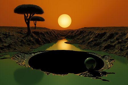 a ball is hitting the hole at sunset in golfの素材