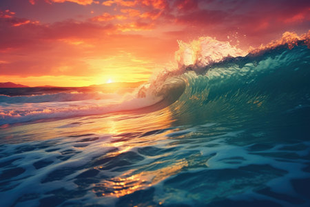 beach with waves at sunset with red skyの素材