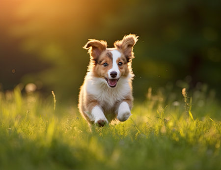 dog running in green grassesの素材